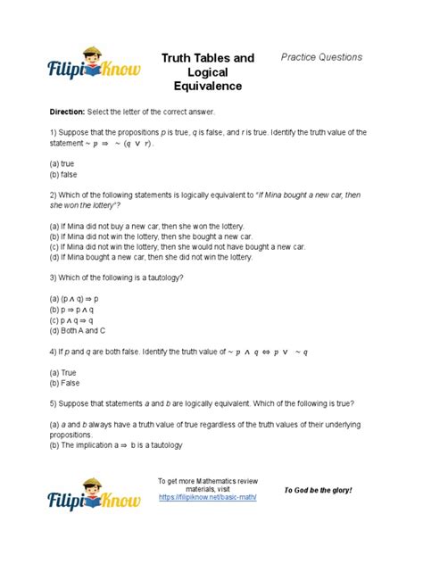logical equivalence questions and answers pdf