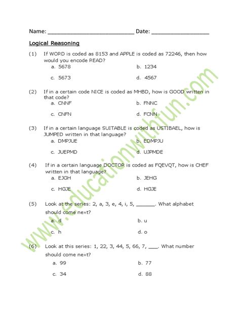 logical reasoning questions with answers for class 5