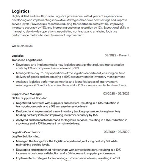 logistics manager summary statement