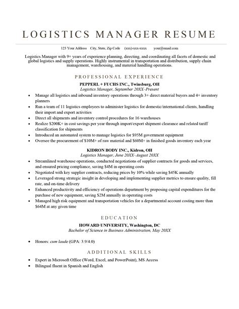 logistics resume examples