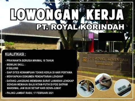 Info Loker Terbaru Pt. Royal Korindah Purbalingga Hari Ini