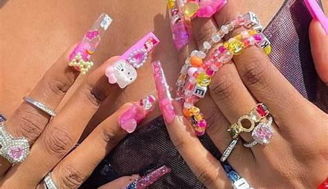 Long Pink Nails With Charms Wholesale Nail Stickers Etsy Design Rhinestones Kawaii