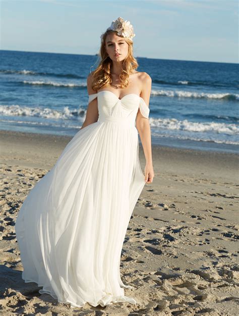 Elegant Offtheshoulder Ivory Chiffon Aline Long Beach Wedding Dress
