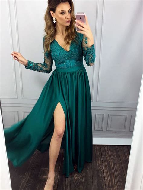 long sleeve green prom dress