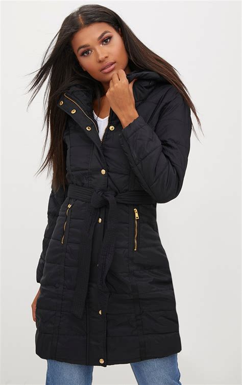 longline puffer coat with belt