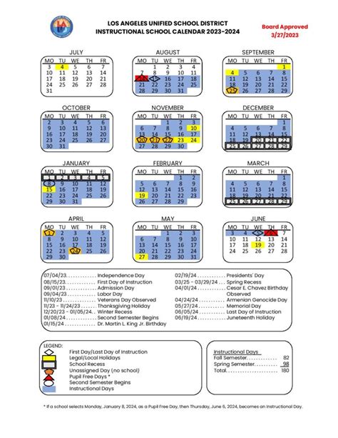 los angeles school district school calendar