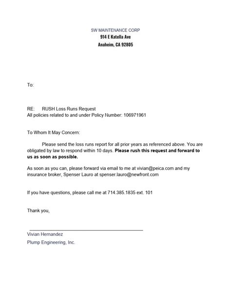 Loss Run Request Template