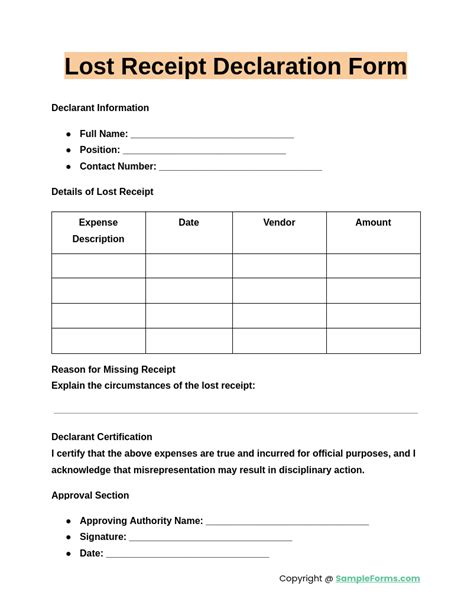 lost receipt declaration form template