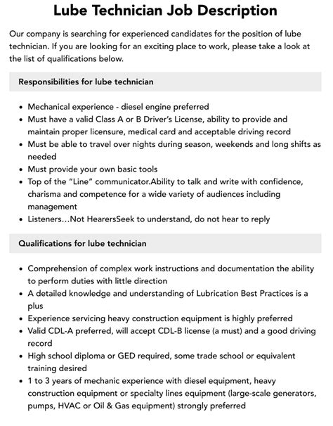 Lube Engineer Job Description
