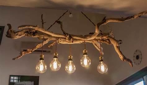 lustre très original en bois flottés avec 5 ampoules