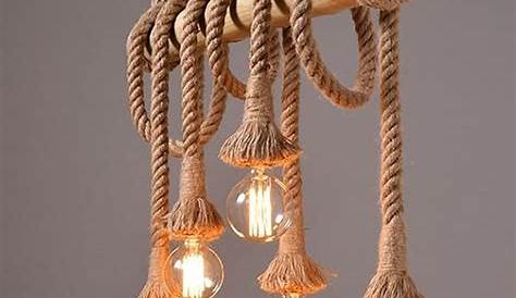 Luminaire suspendu vintage corde beige bois E27x4