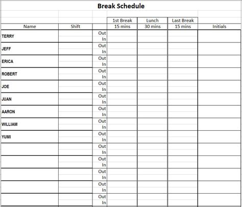 lunch break sign out sheet