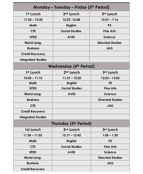 Lunch Schedule Template culturopedia