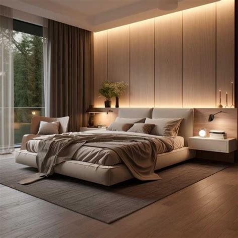 Image of a Luxurious Bedroom with Warm Lighting and Soft Bedding