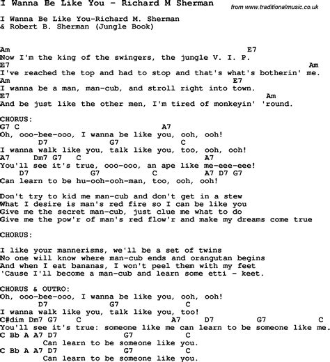 Song I Wanna Be Like You by Richard M Sherman, song lyric for vocal