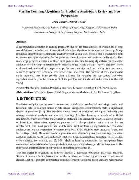 machine learning algorithms for predictive analytics a review and new perspectives