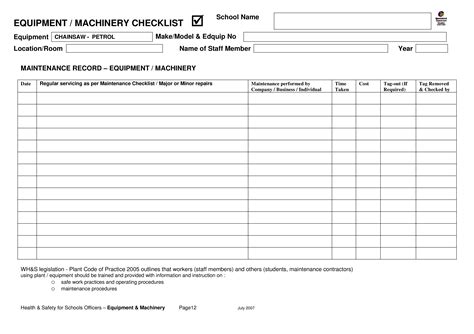 machine maintenance checklist excel