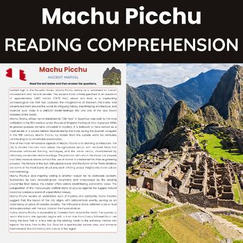 Machu Picchu Reading Comprehension Printable