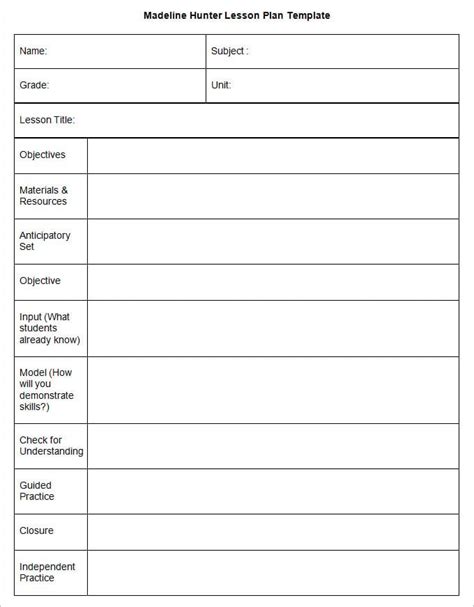 Sample Madeline Hunter Lesson Plan Templates 10+ Free , Examples