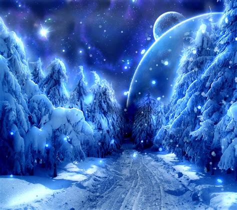 Magical Snowy Evening Scene including a Lighted Christmas Tree