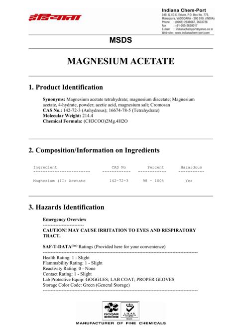 Magnesium Acetate Solution Storage
