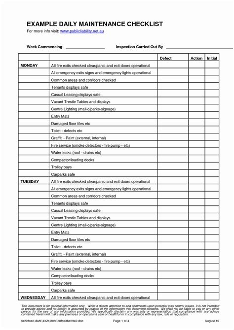 Building Maintenance Checklist Form Excel Templates