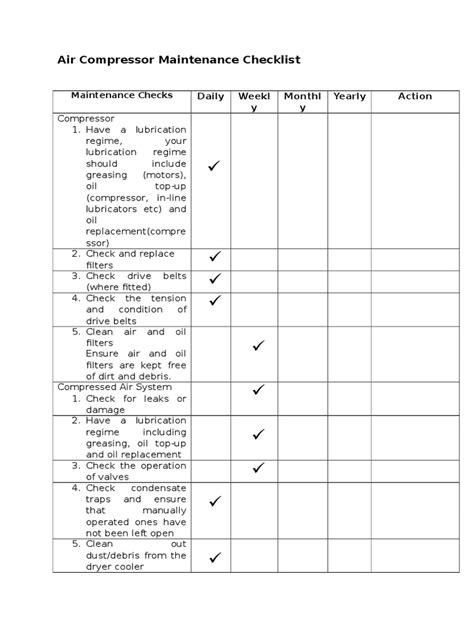Maintenance Checklist Of A Compressor