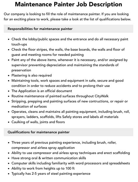 Maintenance Painter Job Description