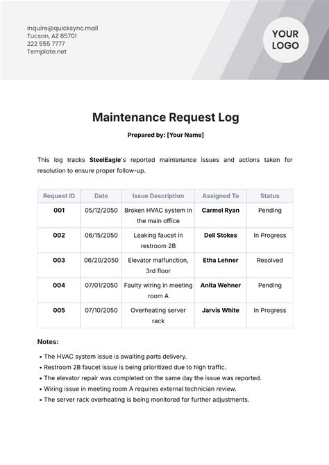 Maintenance Request Log Template