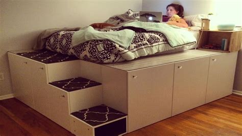 Platform bed with storage made from kitchen DIY projects