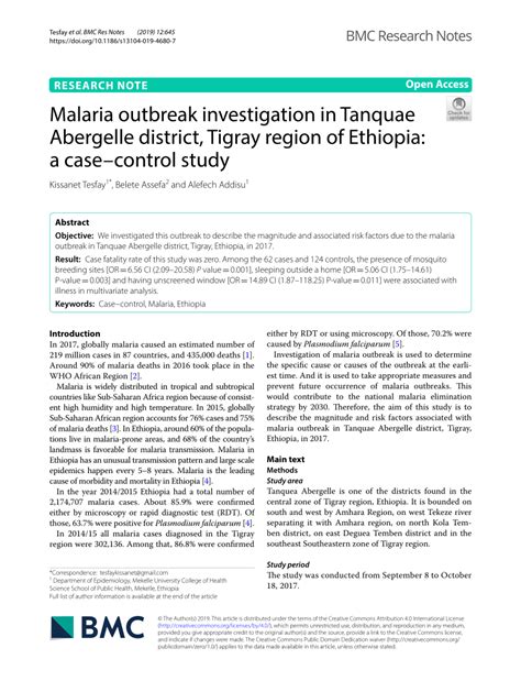 malaria outbreak investigation in ethiopia