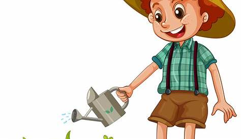 Man Watering Plants In The Garden On White Background