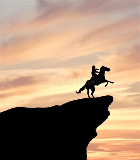 man on horse riding off a cliff