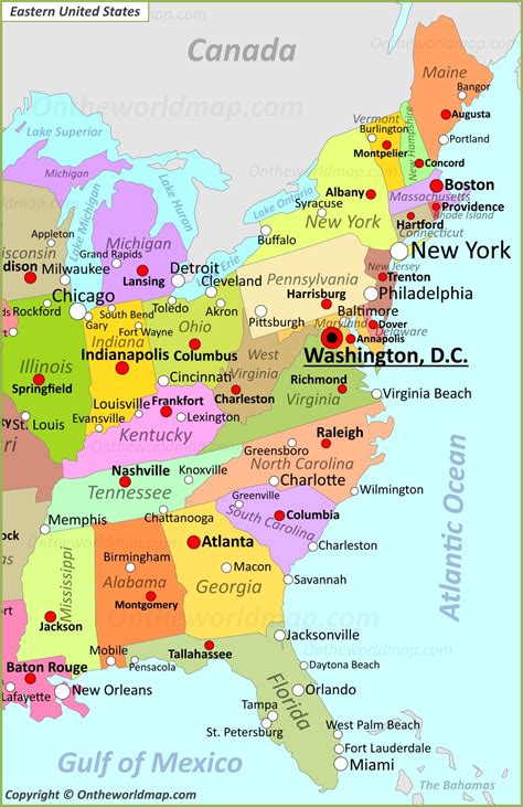 Map Of Eastern Us States And Cities
