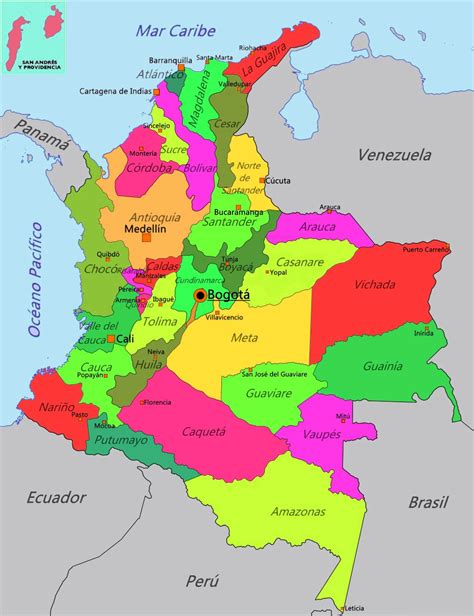 mapa con los departamentos de colombia