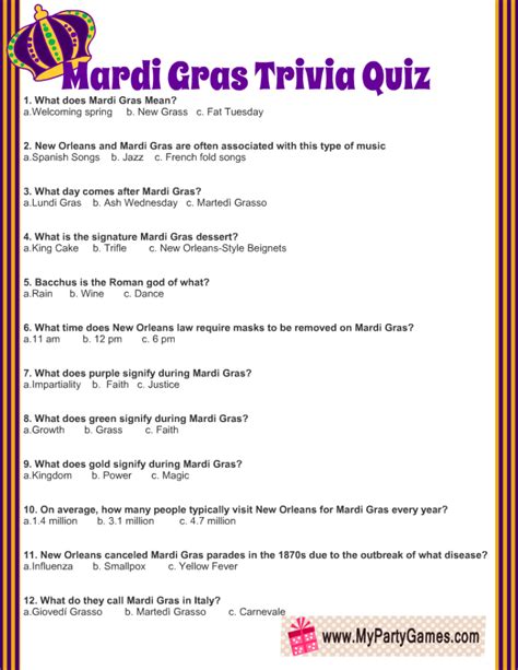 Free Printable Trivia Sheets Mardi Gras Trivia Free Printable