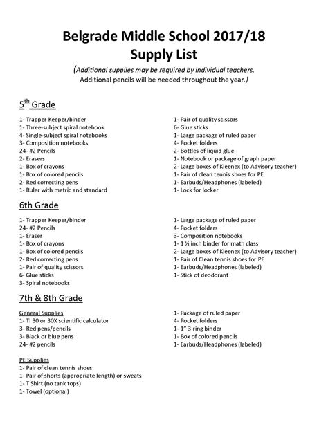 margate middle school supply list