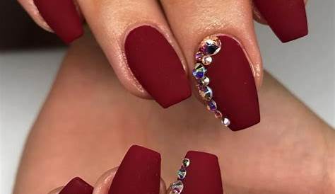 Maroon Acrylic Nails Coffin Fall , Shaped Sparkly