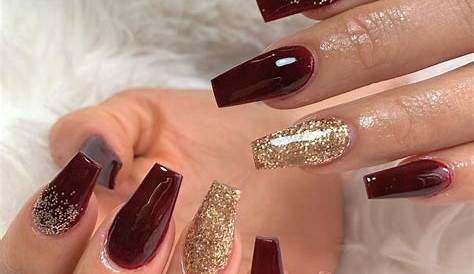 Maroon And Gold Glitter Coffin Nails With Snowflake