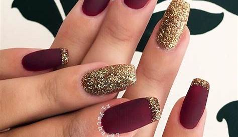 Maroon And Gold Matte Acrylic Nails , Bride , Prom