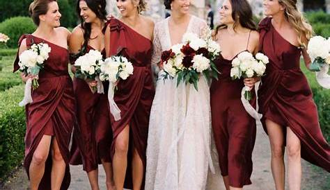 Long chiffon bridesmaids dress in rich maroon color