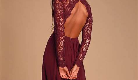 Maroon Elegant Lace Sleeves Slim Waist Evening Dress