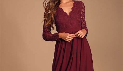 Maroon Long Sleeve Vneck Prom Dress with Lace Banquet