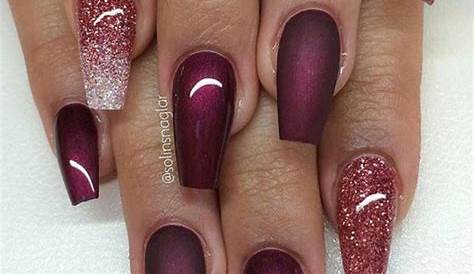 Maroon Gel Nails With Glitter Color Almond Crescent Design