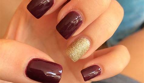 Maroon Nails With Gold Stripe And , , Nail Manicure
