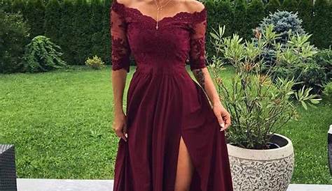 A Line Off Shoulder Half Sleeves Lace Maroon Prom Dresses