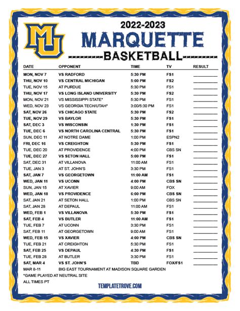Marquette Basketball Schedule 2021 19 Printable