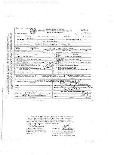 martin luther king jr birth certificate