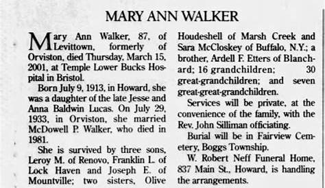 Mary Ann Walker Obituary - Visitation & Funeral Information