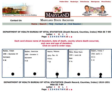 maryland department of vital statistics death